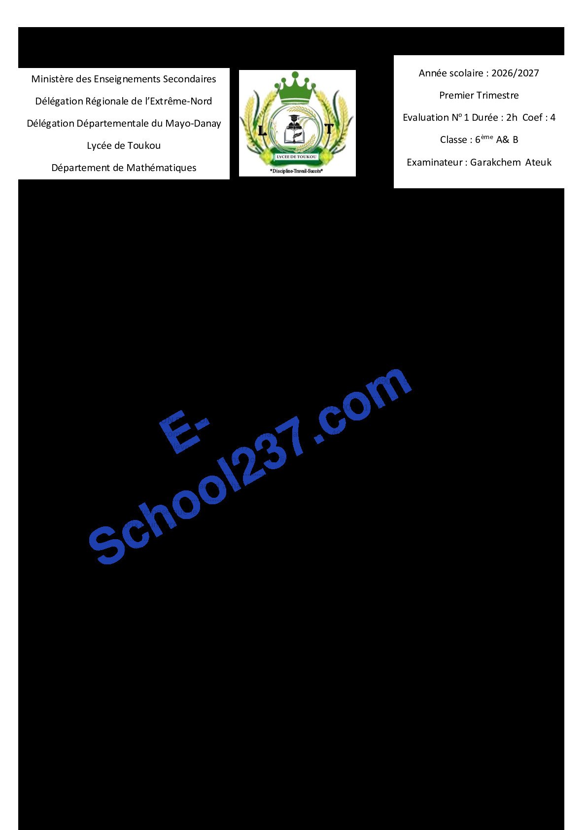 eval1 MATHS 6e lycée de toukou